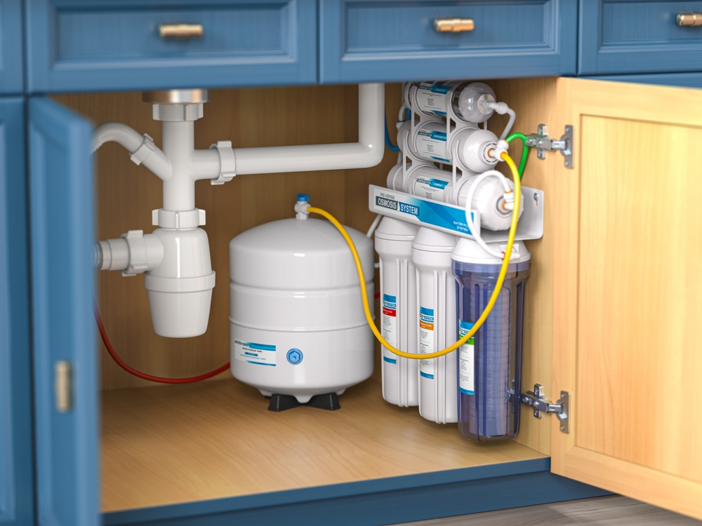 Reverse,Osmosis,Water,Purification,System,Under,Sink,In,A,Kitchen. water filter system
